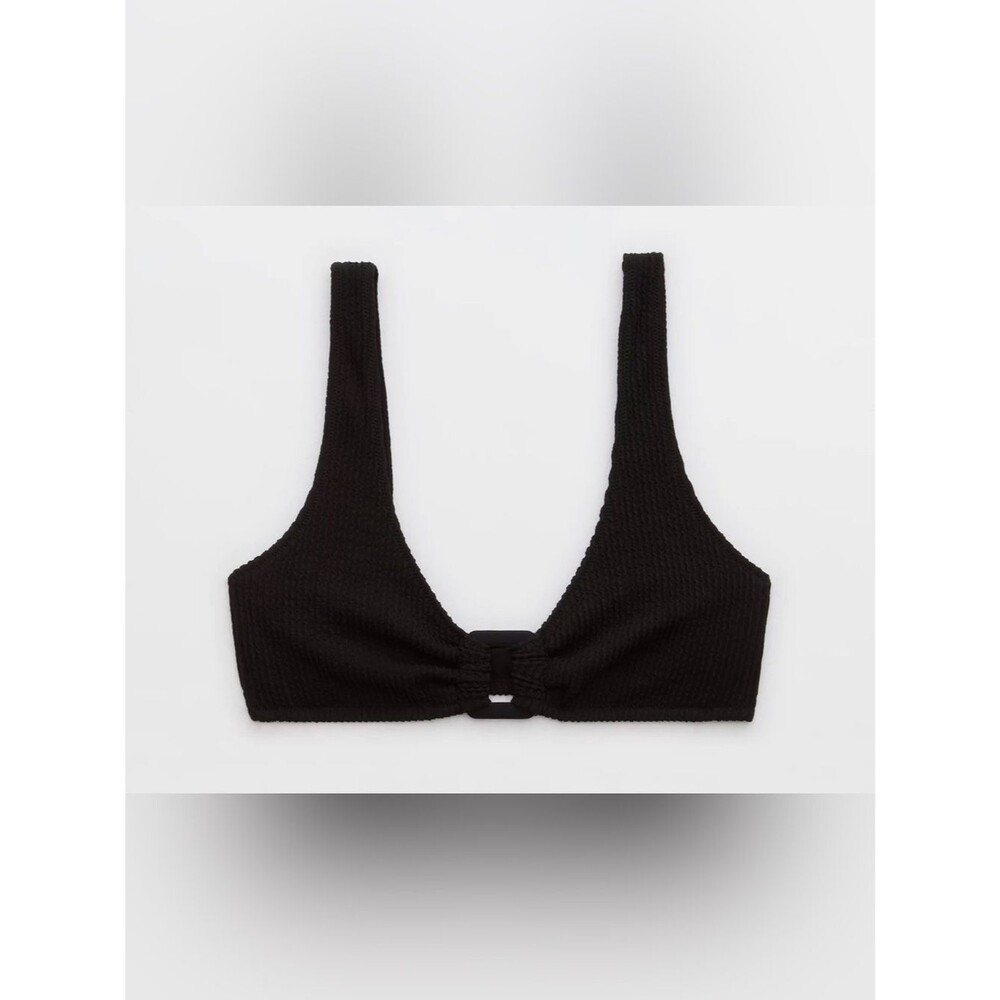NWT Aerie Crinkle Ring Wide Strap Scoop Bikini Top in Black - Size S